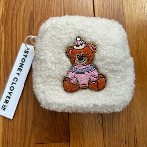 Stoney Clover White Sherpa Mini Pouch with Teddy Bear Patch NWT